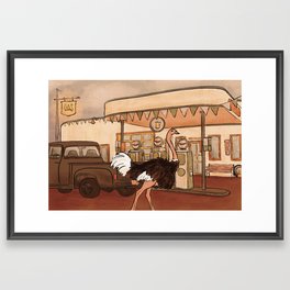 Ostrich At The Gas Station Two Framed Art Print