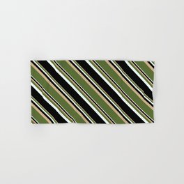 [ Thumbnail: Tan, Dark Olive Green, Mint Cream & Black Colored Stripes Pattern Hand & Bath Towel ]
