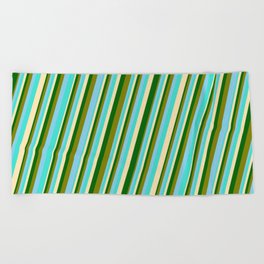 [ Thumbnail: Turquoise, Beige, Dark Green, Green & Sky Blue Colored Pattern of Stripes Beach Towel ]