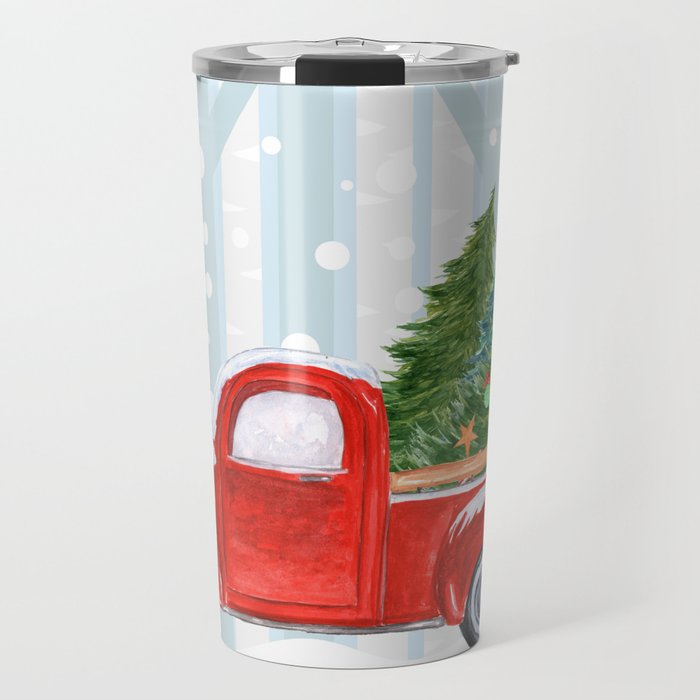 Christmas Red PickUp Truck on a Snowy Road Travel Mug