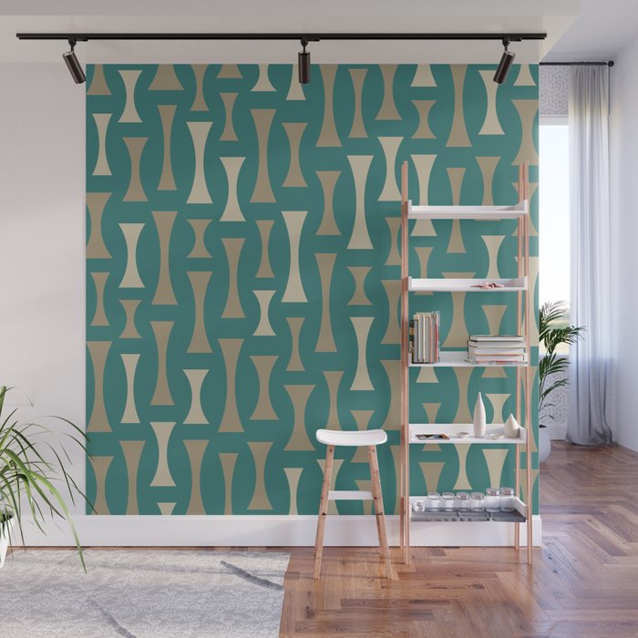 Retro Mid Century Modern Abstract Pattern 637 Teal Gold and Beige Wall Mural