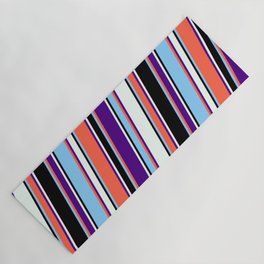 [ Thumbnail: Eyecatching Red, Indigo, Mint Cream, Black, and Light Sky Blue Colored Pattern of Stripes Yoga Mat ]