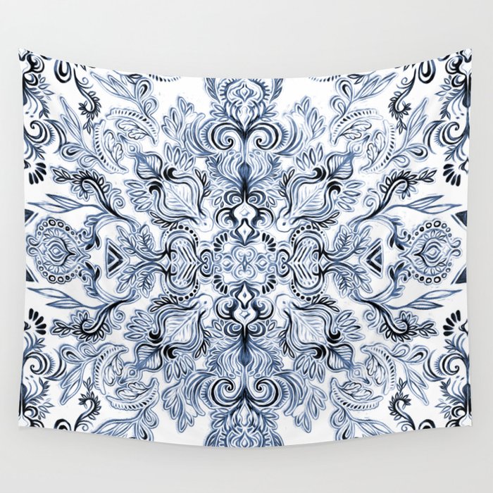 Indigo Navy Blue and White Calligraphy Doodle Pattern Wall Tapestry