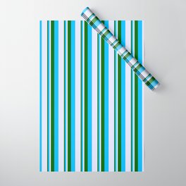 [ Thumbnail: Dark Green, Deep Sky Blue & Lavender Colored Lined/Striped Pattern Wrapping Paper ]