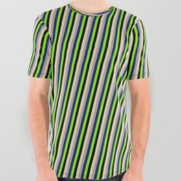 [ Thumbnail: Eye-catching Tan, Dark Grey, Midnight Blue, Chartreuse, and Black Colored Stripes/Lines Pattern All Over Graphic Tee ]