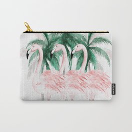 Three Flamingos Carry-All Pouch | Tropical, Flamingo, Green, Leaves, Pink, Hawaii, Color, Digital, Palm, Plants 