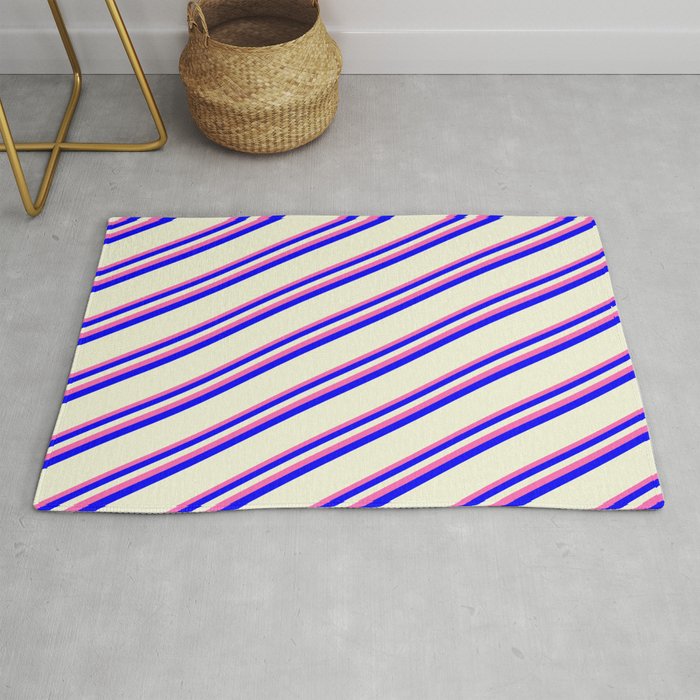 Hot Pink, Blue, and Beige Colored Striped Pattern Rug