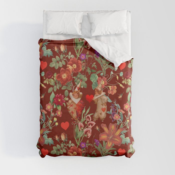 Valentine's Day In the Red Dahlia Blooming Garden - Vintage illustration collage   Duvet Cover