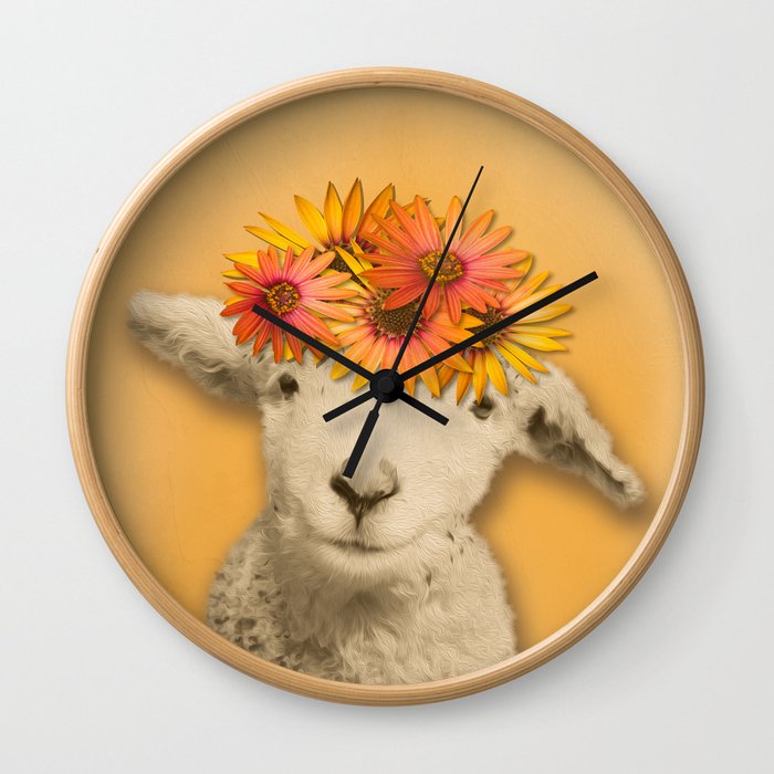 Daisies Sheep Girl Portrait, Mustard Yellow Texturized Background Wall Clock