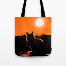 Cat and Sunset Tote Bag | Orange, Catphoto, Glowing, Forcatlovers, Digital, Digital Manipulation, Sun, Photo, Outdoors, Serene 