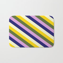 [ Thumbnail: Colorful Light Yellow, Yellow, Dark Olive Green, Plum, and Midnight Blue Colored Pattern of Stripes Bath Mat ]