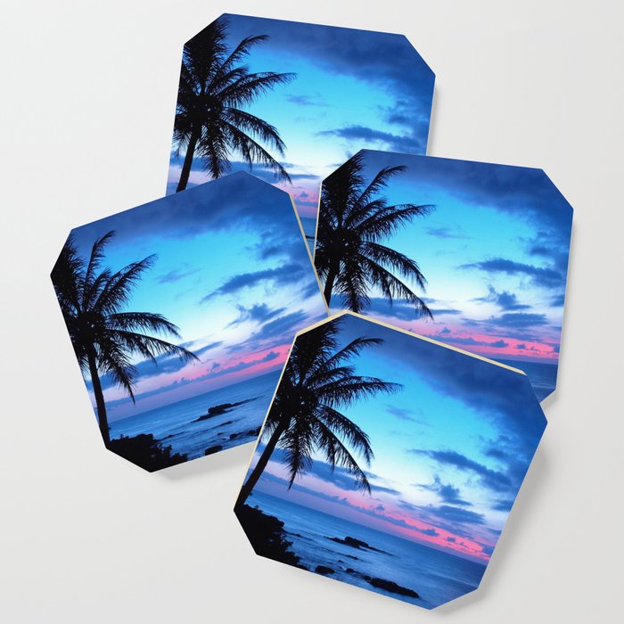 Tropical Island Beach Ocean Pink Blue Sunset Photo Coaster
