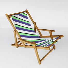 [ Thumbnail: Green, Dark Slate Blue, White & Black Colored Striped Pattern Sling Chair ]