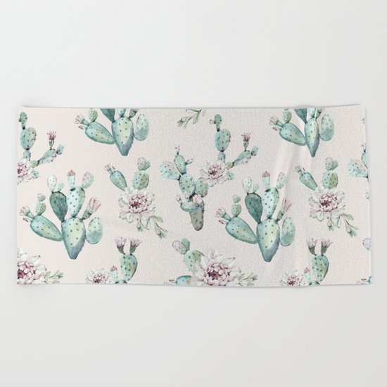 Pretty Cactus Rose Pattern Pale Pink + Green Beach Towel