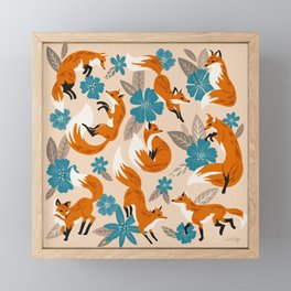 Foxes & Blooms – Tan & Blue Framed Mini Art Print