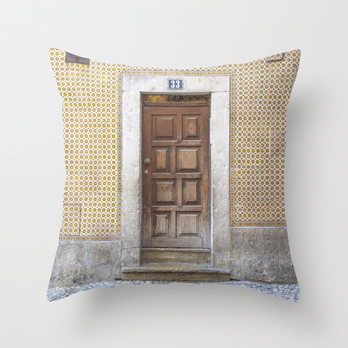 The brown door nr. 33 art print- Yellow azulejos in Alfama, Lisbon, Portugal - travel photography Throw Pillow