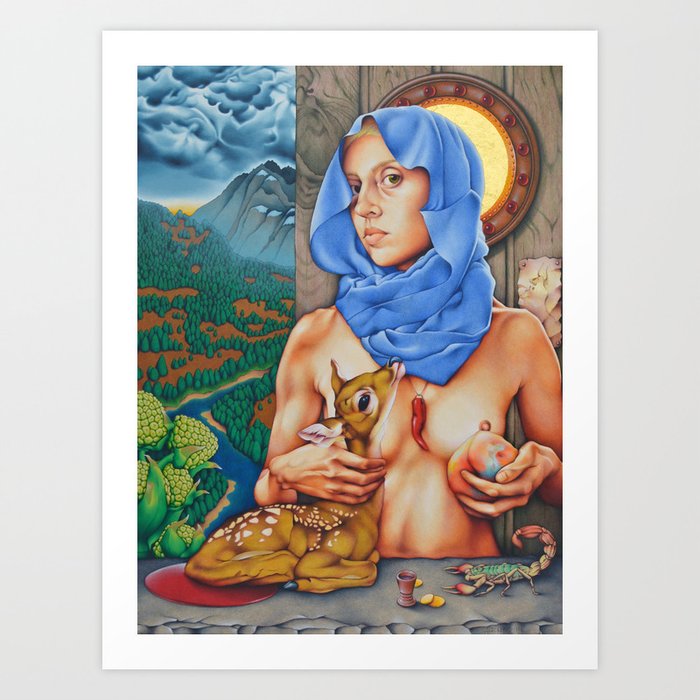 Woman Hero (Self Portrait as the Virgin and Child) Art Print | Painting, Oil, Gold, Lapis, Renaissance, Surrealism, Self-portrait