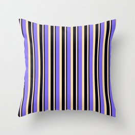 [ Thumbnail: Black, Tan, and Medium Slate Blue Colored Stripes/Lines Pattern Throw Pillow ]