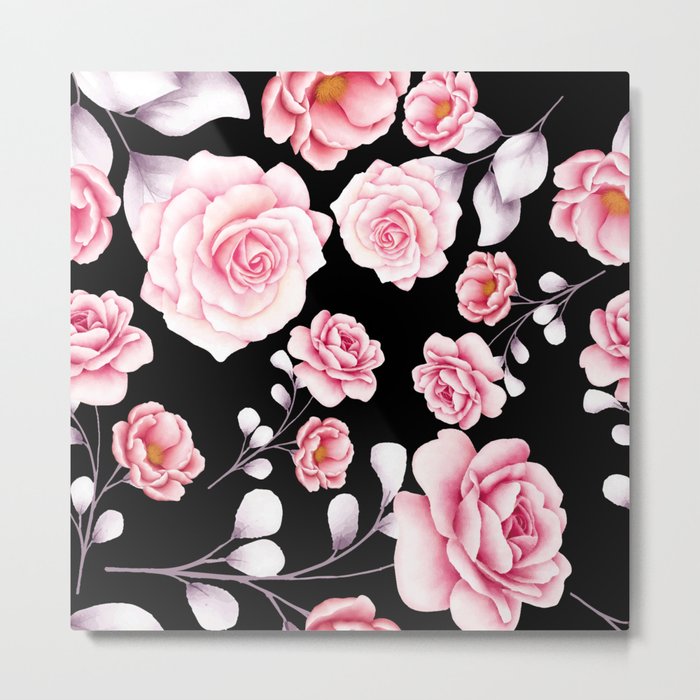 Stylish Pink Floral print pattern on black Metal Print