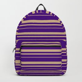 [ Thumbnail: Indigo & Tan Colored Pattern of Stripes Backpack ]
