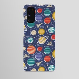 Paper space adventure I // navy blue background multicoloured solar system paper cut planets origami paper spaceships and rockets  Android Case