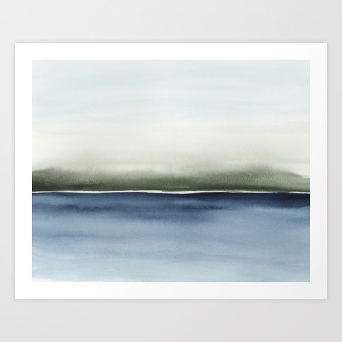 Forest Reflection V - Olive Green Forest Trees Navy Blue River Reflection Watercolor Abstract Modern Art Art Print