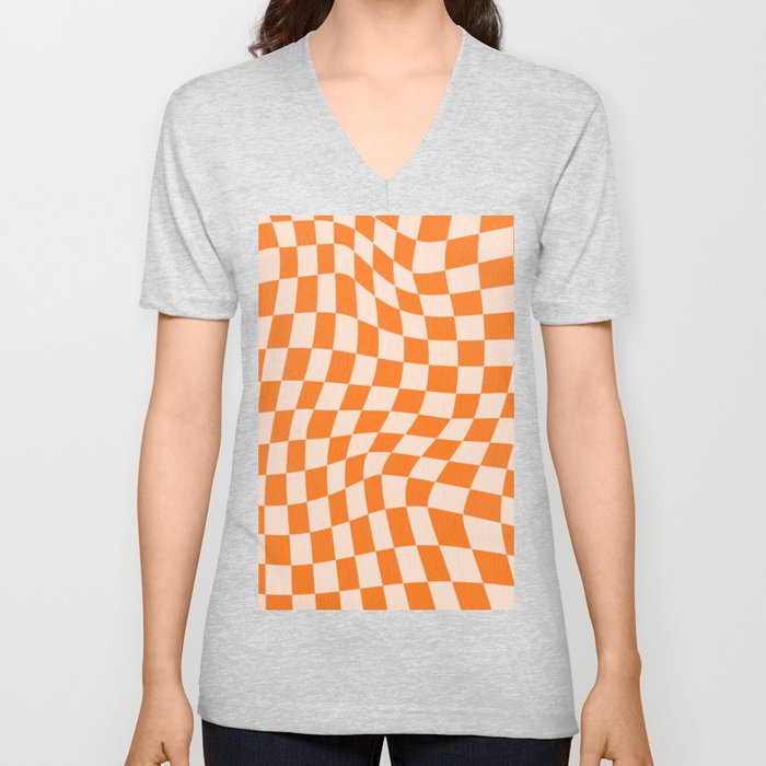 Orange checkered warped pattern, retro 80s groovy V Neck T Shirt