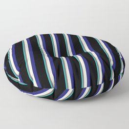 [ Thumbnail: Eye-catching Aqua, Dim Gray, Beige, Midnight Blue & Black Colored Stripes Pattern Floor Pillow ]