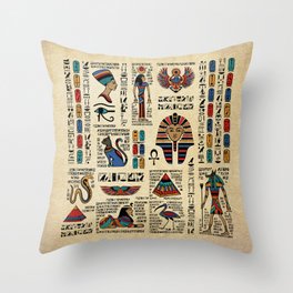 Egyptian hieroglyphs and deities on papyrus Throw Pillow