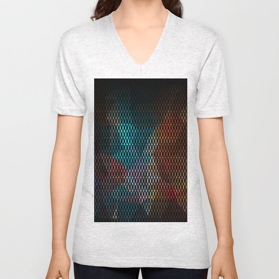 Abstract background of triangles polygon print. Bright dark design colors Unisex V-Neck