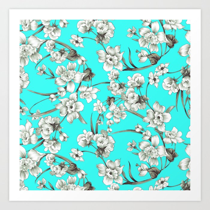 Modern Teal Brown White Abstract Floral Art Print By Pink Water