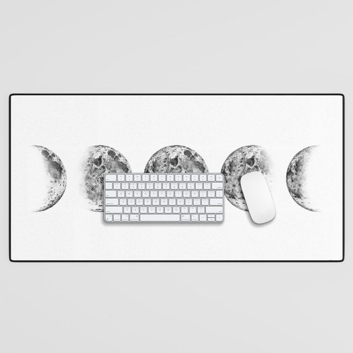Pencil Drawing Moon Phases - White Background Desk Mat