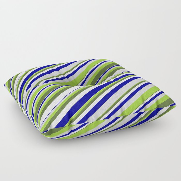 Vibrant Green, Dark Olive Green, White, Dark Blue & Light Grey Colored Lines/Stripes Pattern Floor Pillow