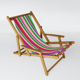 [ Thumbnail: Eye-catching Light Pink, Crimson, Purple, Light Green, and Forest Green Colored Stripes Pattern Sling Chair ]