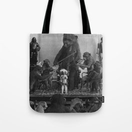 The good-time jamborine Eclectic animal monkey and bear dixieland band funny macabre creepy black and white photograph - photography - photographs Tote Bag
