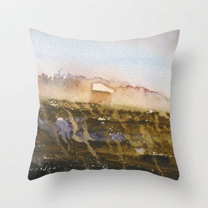 Mist covered landscape painting with buildings. Throw Pillow