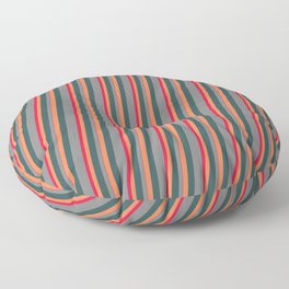 [ Thumbnail: Coral, Dark Slate Gray, Grey, and Crimson Colored Pattern of Stripes Floor Pillow ]