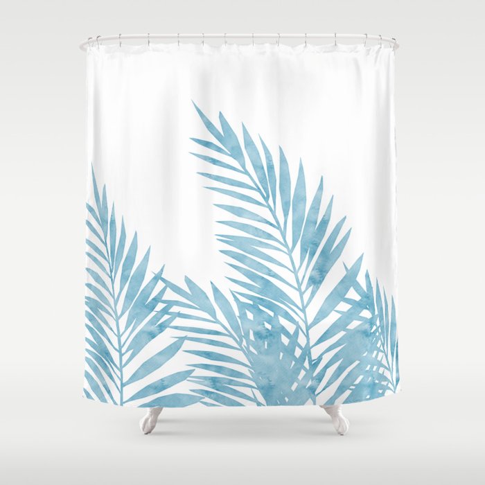 Palm Leaves Light Blue Shower Curtain, Palm Leaf Hookless Shower Curtain