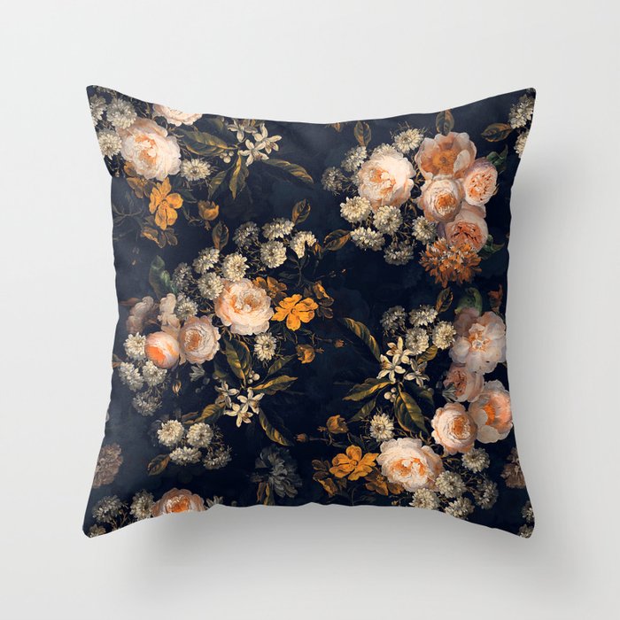 Antique Botanical Peach Roses And Chamomile Midnight Garden Throw Pillow