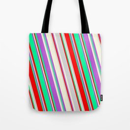 [ Thumbnail: Colorful Orchid, Green, Red, Light Gray, and Beige Colored Striped/Lined Pattern Tote Bag ]