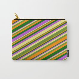 [ Thumbnail: Tan, Green, Dark Orange, Dark Green & Orchid Colored Lines Pattern Carry-All Pouch ]