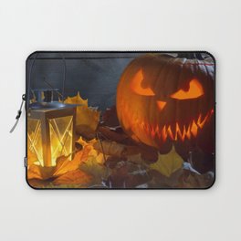 Spooky Jack O Lantern Among Dried Leaves on Wooden Fence Laptop Sleeve