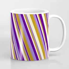 [ Thumbnail: Indigo, Purple, Dark Goldenrod & Light Yellow Colored Lined Pattern Coffee Mug ]