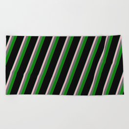 [ Thumbnail: Vibrant Aquamarine, Light Pink, Dim Gray, Green & Black Colored Lined/Striped Pattern Beach Towel ]