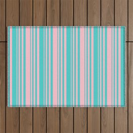 [ Thumbnail: Turquoise and Pink Colored Lines/Stripes Pattern Outdoor Rug ]
