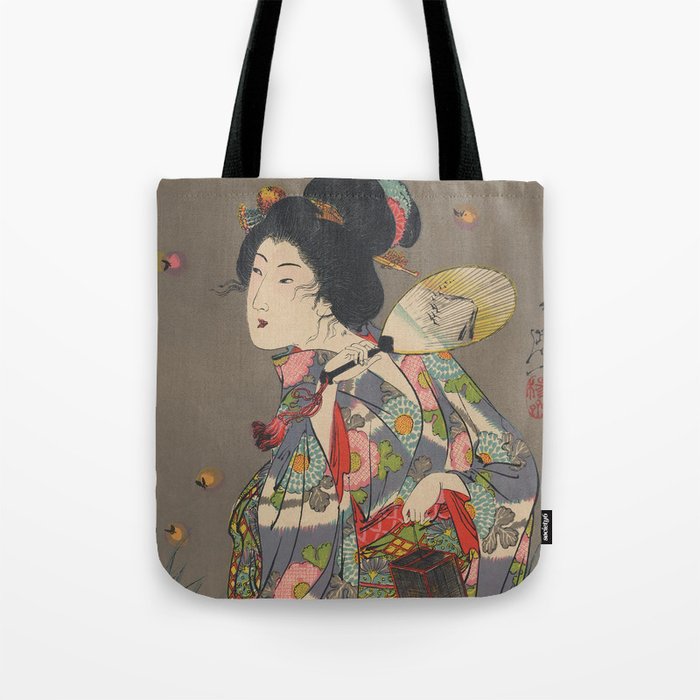 Japanese Art Print - Woman and Fireflies Tote Bag