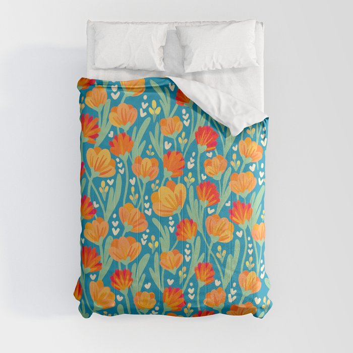 Orange Poppy Field- Orange & Cerulean Comforter
