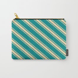 [ Thumbnail: Dark Cyan and Tan Colored Striped Pattern Carry-All Pouch ]