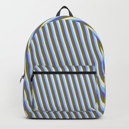 [ Thumbnail: Sky Blue, Slate Blue, Green, and Beige Colored Striped Pattern Backpack ]