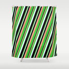 [ Thumbnail: Light Salmon, Lime Green, Light Cyan, and Black Colored Lines/Stripes Pattern Shower Curtain ]